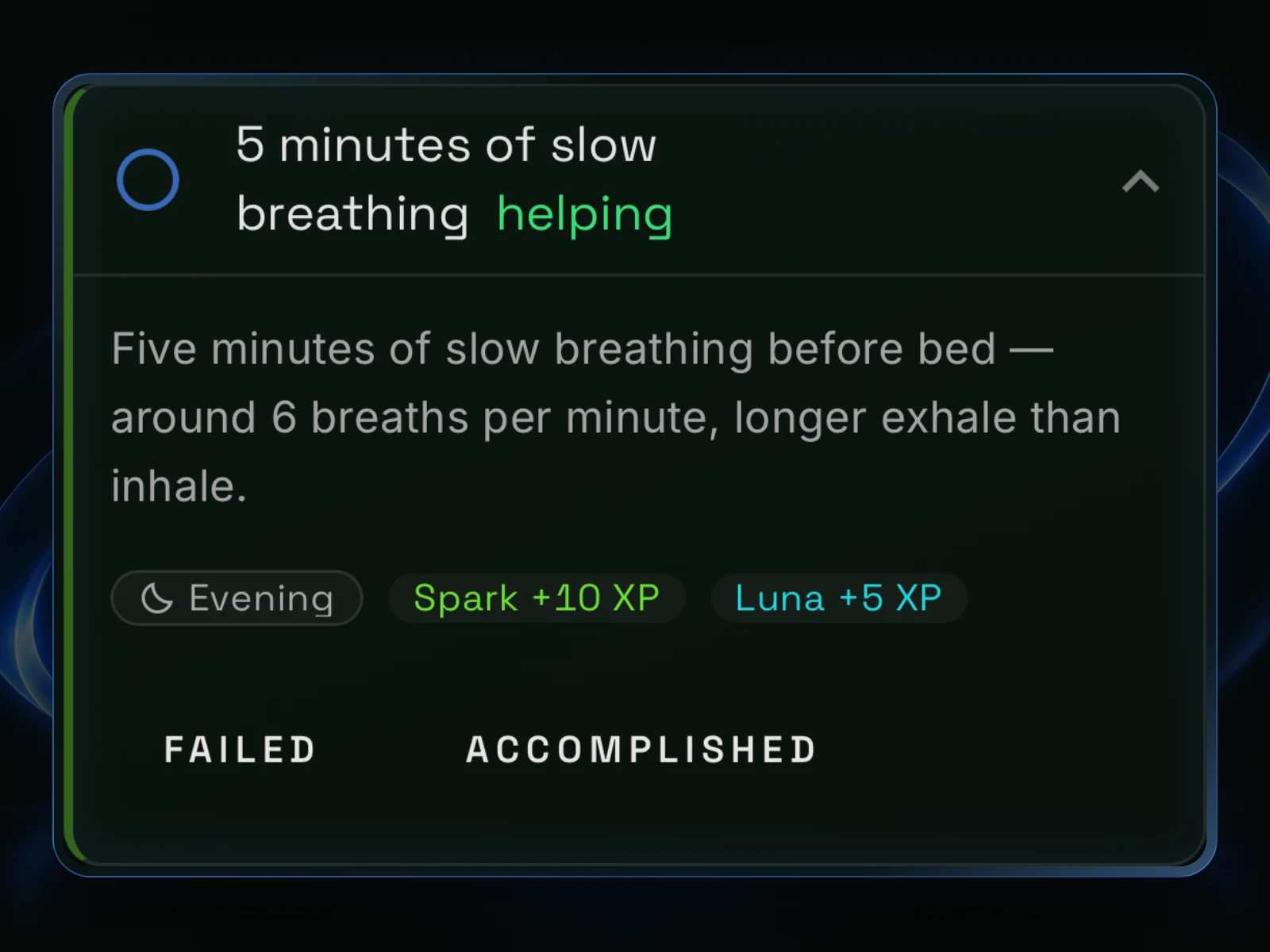 An expanded five-minute slow-breathing quest showing evening instructions and Spark and Luna XP rewards.