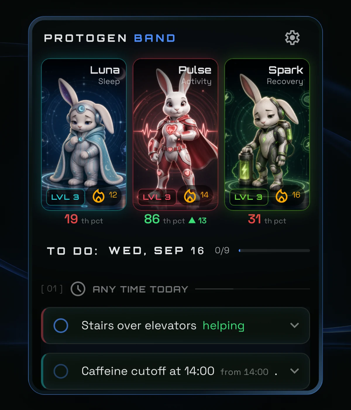 The PROTOGENBand app with Luna, Pulse and Spark above today's daily quests.