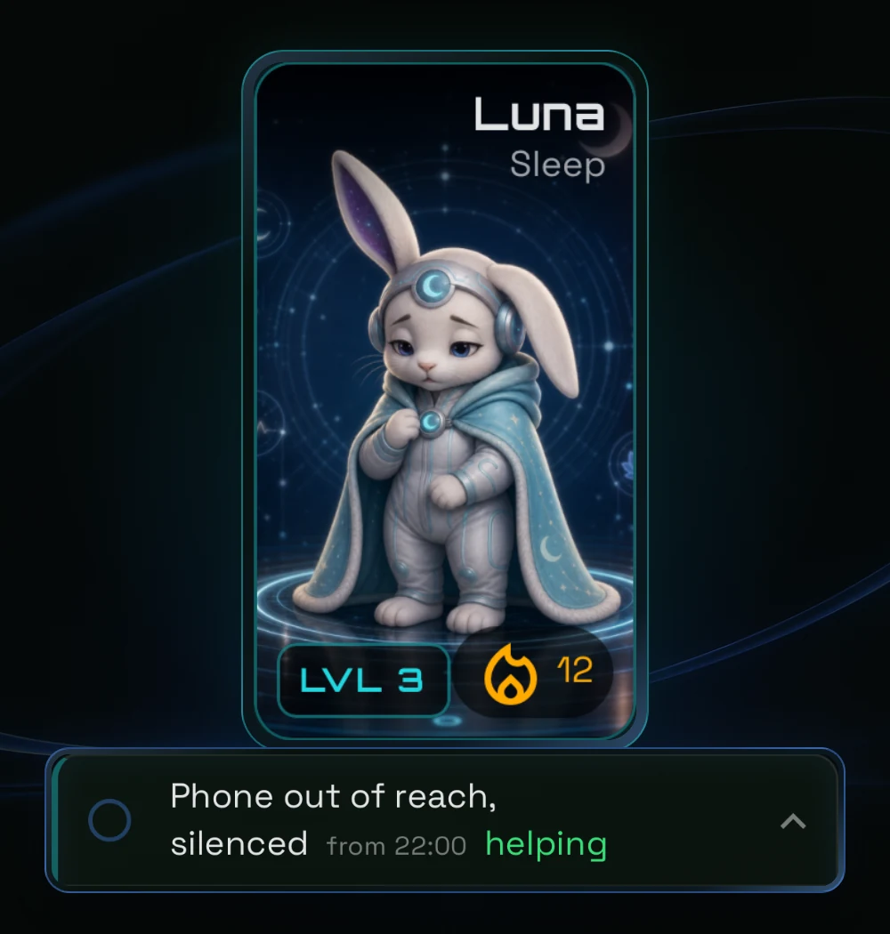 Luna's Sleep companion card with an evening phone-away quest.