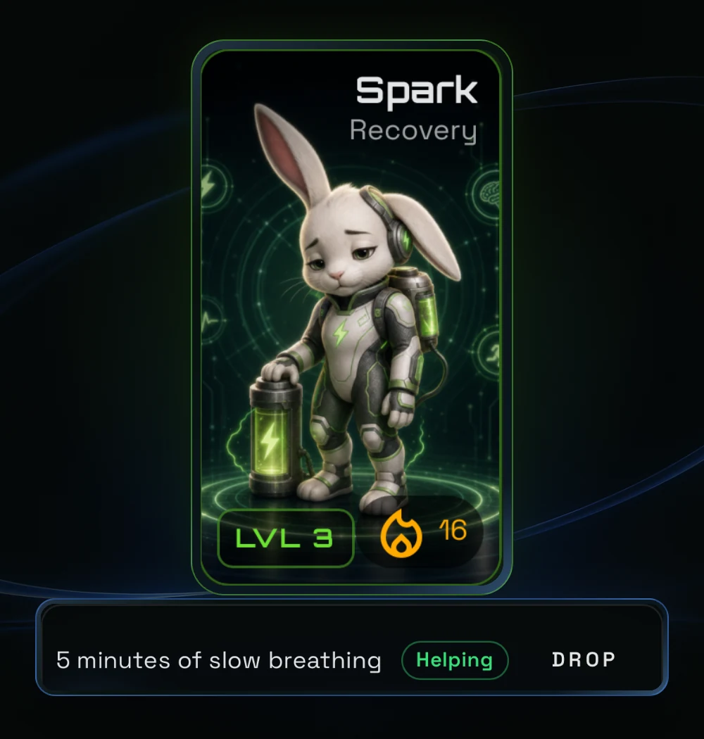 Spark's Recovery companion card with a five-minute slow-breathing quest.